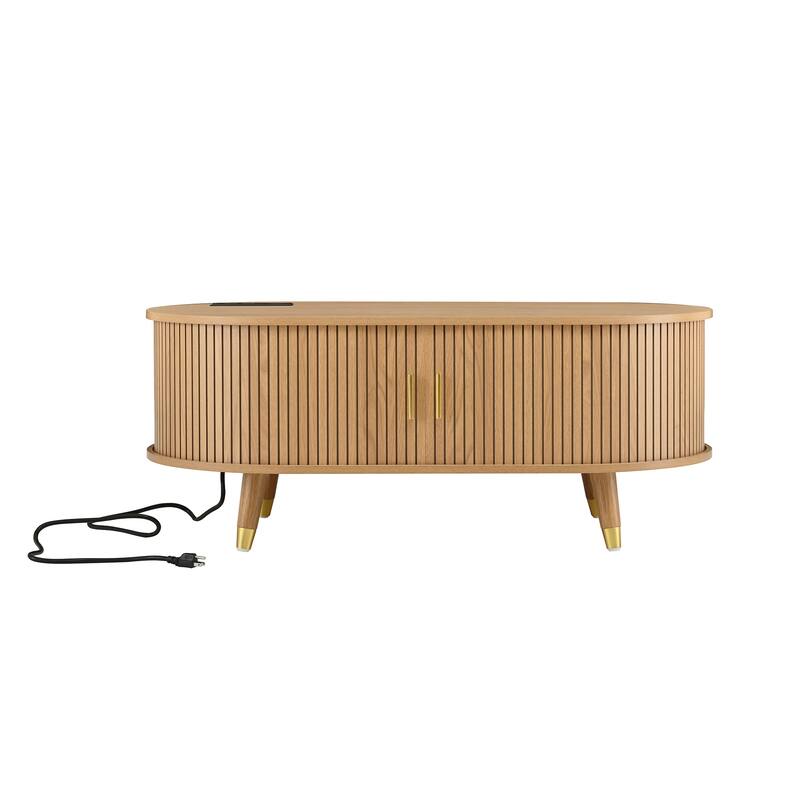 Wooden TV Stand and Coffee Table Set of 2, Sliding Door TV Cabinet TV Console with Charging Station for TVs up to 80", Natural
