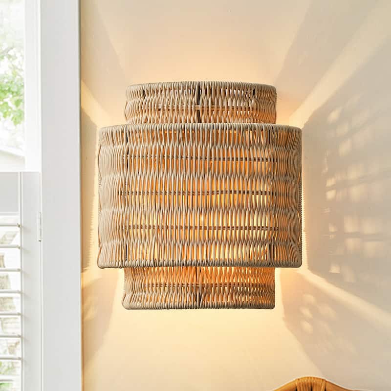 1-Light Bohemian Hand-Woven Rattan Wall Sconce Lighting