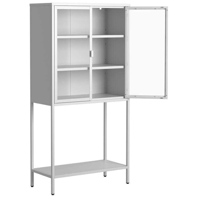 Heavy Duty Metal Storage Cabinet Sideboards & Buffet, Tall Bookcase Display Case with Glass Doors & 2 Adjustable Shelves