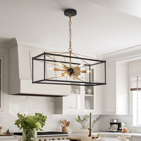 Leno Modern Farmhouse 8 Light Black Gold Rectangle Chandelier Starburst Island Lights for Dining Room 26 L x 10 W x 14 H Black and Brass