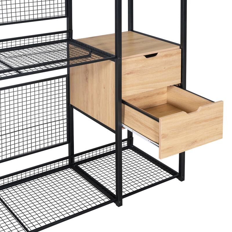 Open-Style Wardrobe with Hanging Rails, Shelves and Drawers - N/A