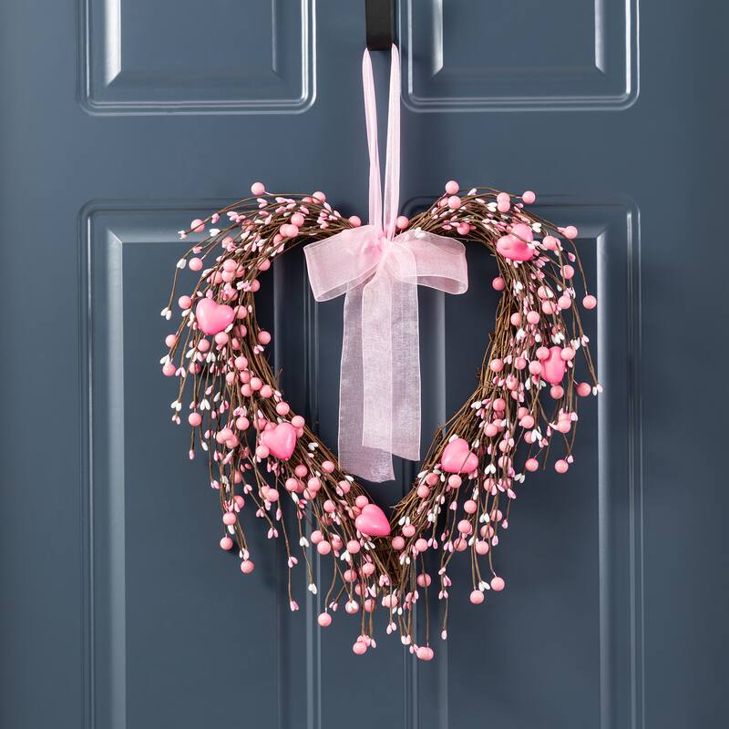 Glitzhome Valentine's Berry Heart Wreath Wall Hanging Decor