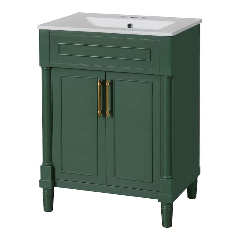 Elegant Bathroom Vanity Freestanding Storage Cabinet with Sink, 2 Doors, Gold Handles and Adjustable Interior Shelf