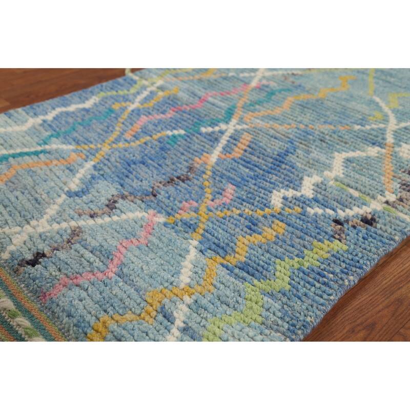 Contemporary Blue Moroccan Runner Rug Hand-Knotted Wool Carpet - 2'10"x 16'1"