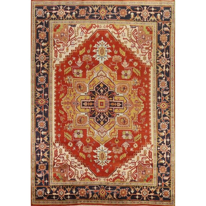Hand Knotted Oriental 100% Wool Carpet Traditional Medallion Oranges & Rust Heriz (serapi) Area Rug - 11' 10'' X 8' 11''