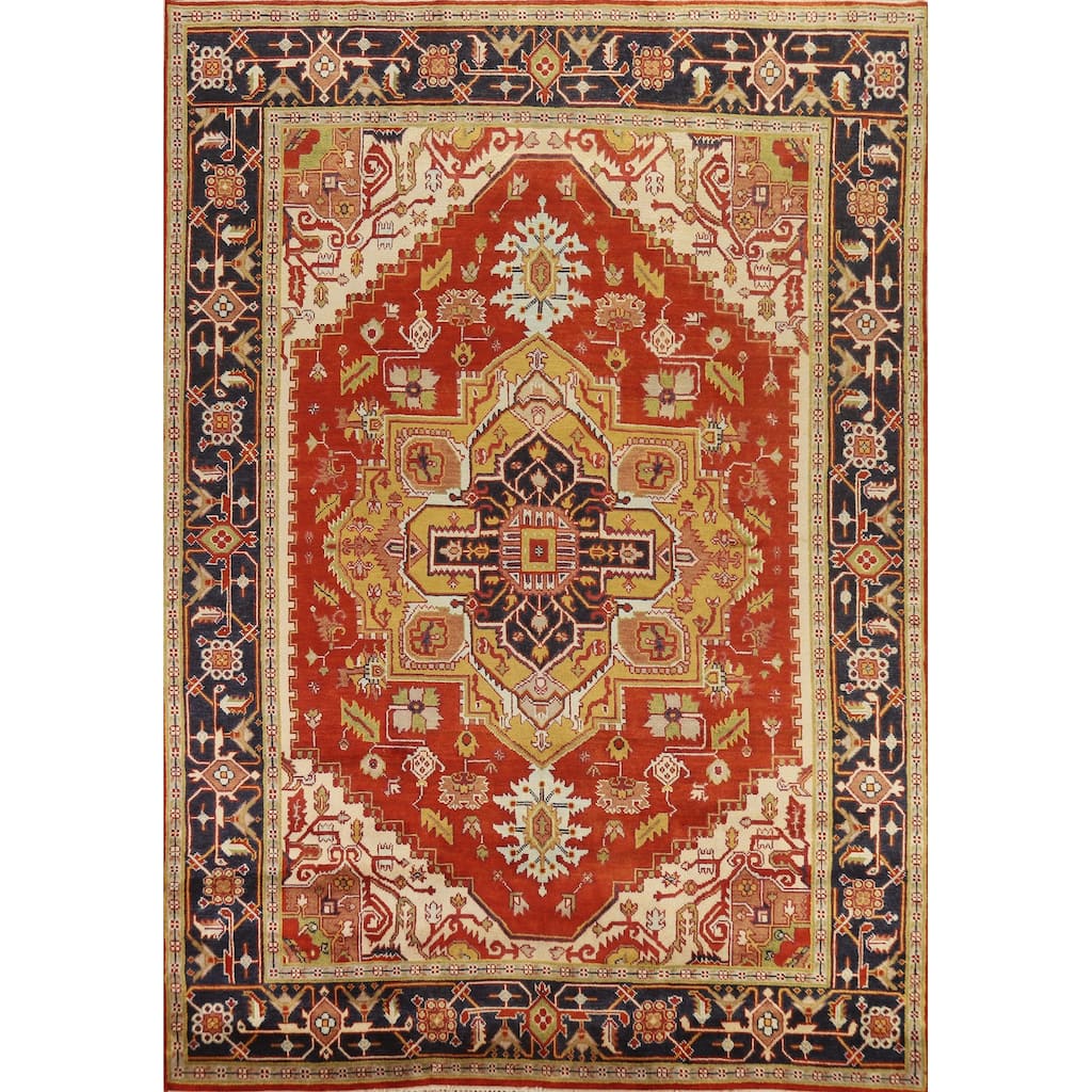 Hand Knotted Oriental 100% Wool Carpet Traditional Medallion Oranges & Rust Heriz (serapi) Area Rug - 11' 10'' X 8' 11''