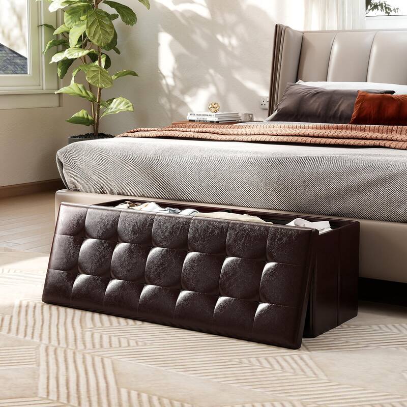 Costway 43 Inches Folding Storage Ottoman Bench with Side Pocket