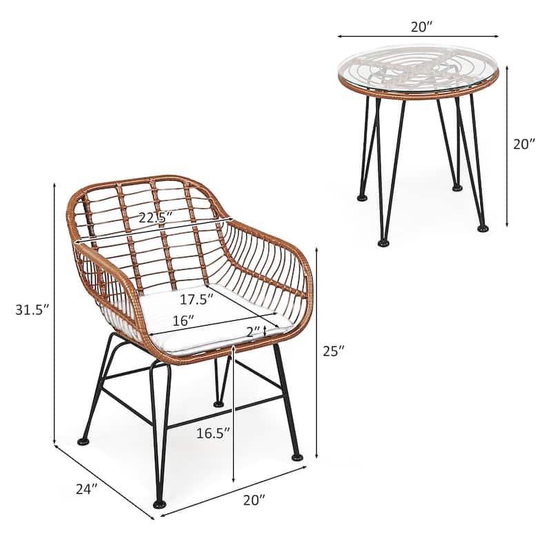 Brown Rattan Steel 3-Piece Patio Bistro Set with Black Cushions and Glass Table - 22.5" x 24" x 31.5"(L x W x H)