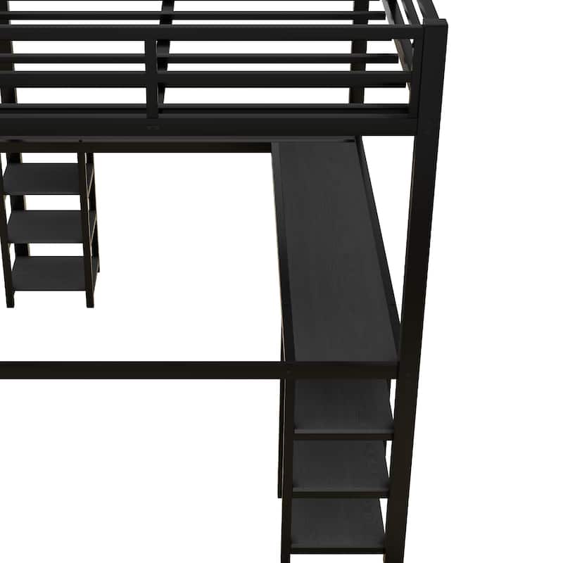 Black Full Size Metal Size Loft Bed with Desk and Shelves, Loft Bed with Ladder and Guardrails, Loft Bed Frame for Bedroom