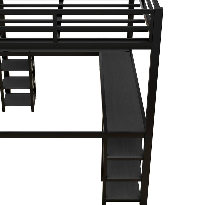 Metal Loft Bed with Desk and Shelves, Ladder, and Guardrails
