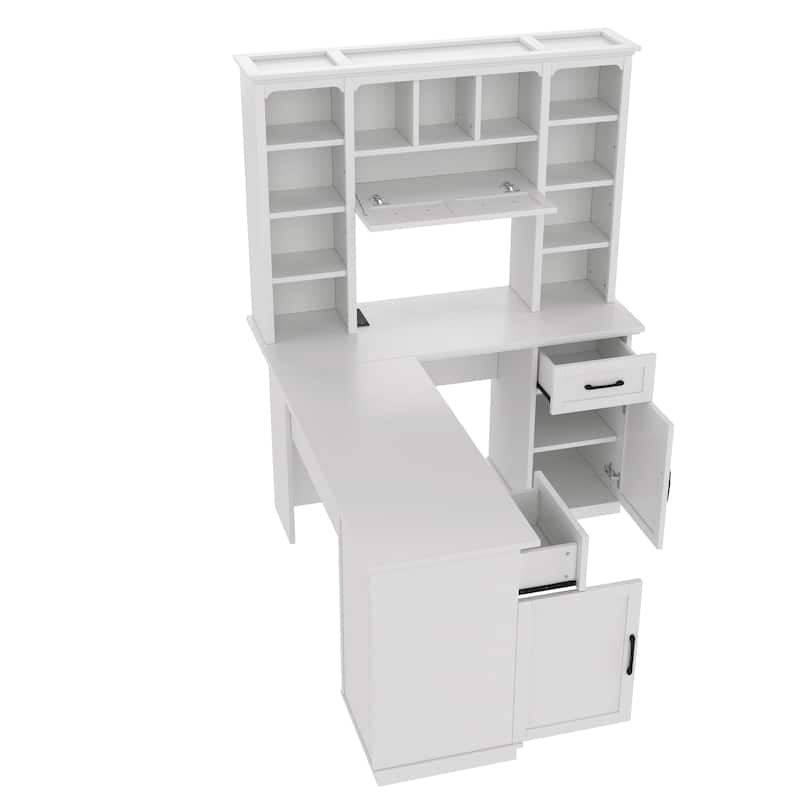 L-Shaped Computer Desk with 2 Cabinets, 2 Drawers, 11 Open Shelves and a Flip-Up Shelf with Storage on the Right Side