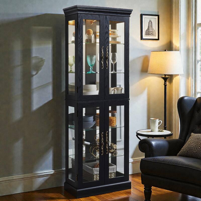 Lighted Glass Curio Display Cabinet with Wooden Frame, 6-Tier Storage for Collectibles, Wine, Toys, Living Room Display