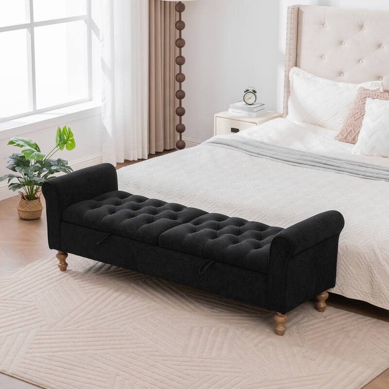 End of Bed Bench Storage Bench with Armrests, Rustic Upholstered Bench Black Indoor Bench Window Bench