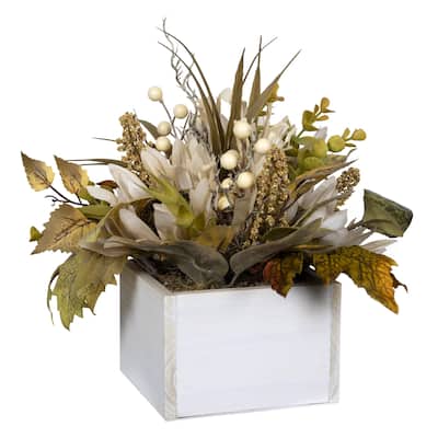 White Metal Planter with Floral Arrangement - 11" H x 10" W x 10" D