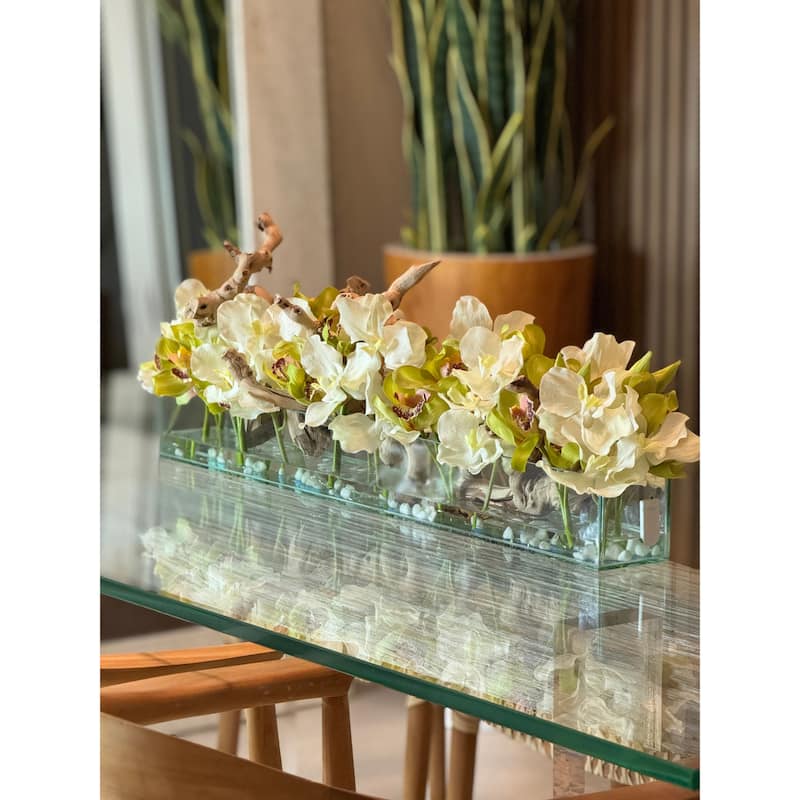 Casa Moderna with White Vandas and Green Cymbidiums - 24"W x 8"H x 8"D