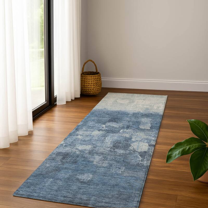 Premium Washable Super Soft Ombre Brushstrokes Mayfield Rug - Navy - 2'3" x 7'6"