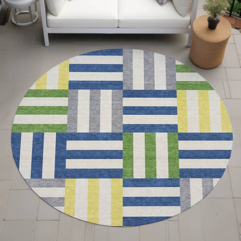 Machine Washable Indoor/ Outdoor Modern Hatch Chantille Rug - Blue - 8' x 8'