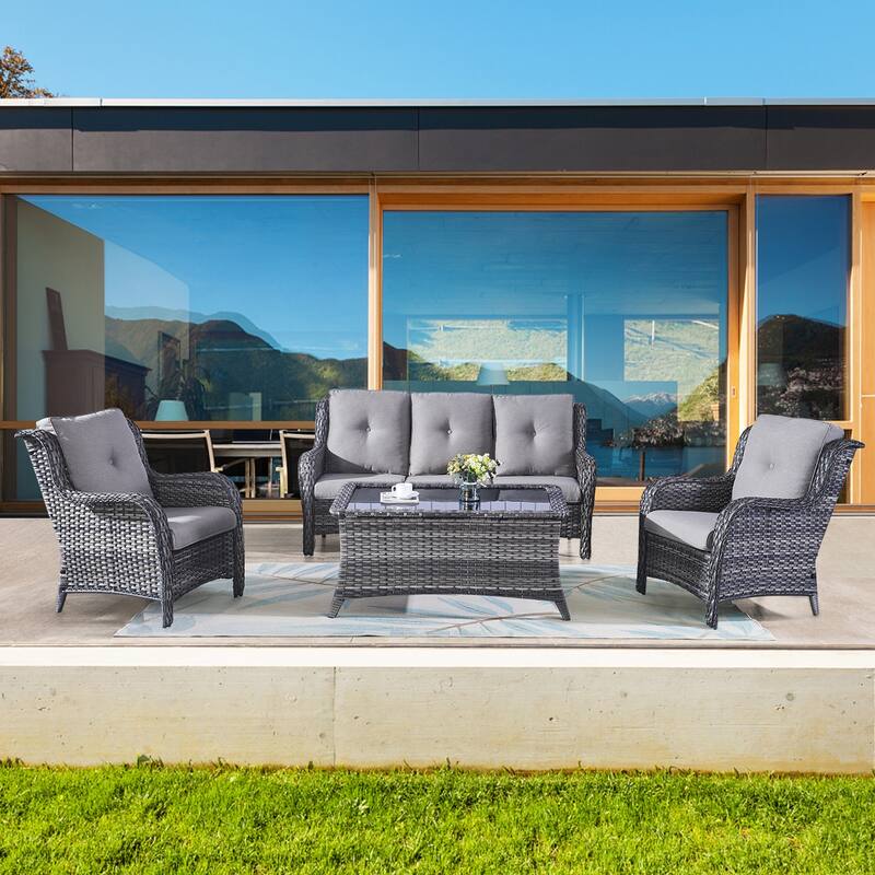 Gymojoy Outdoor 3-Seat Sofa Pario Chair Coffee Table with Cushion - Grey - Grey