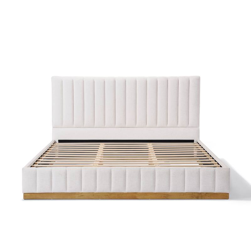 Upholstered Bed Frame Linen Fabric Platform Bed with 46''H Thick Headboard/Solid Wood Base/No Box Spring Needed/Noise Free/Beige