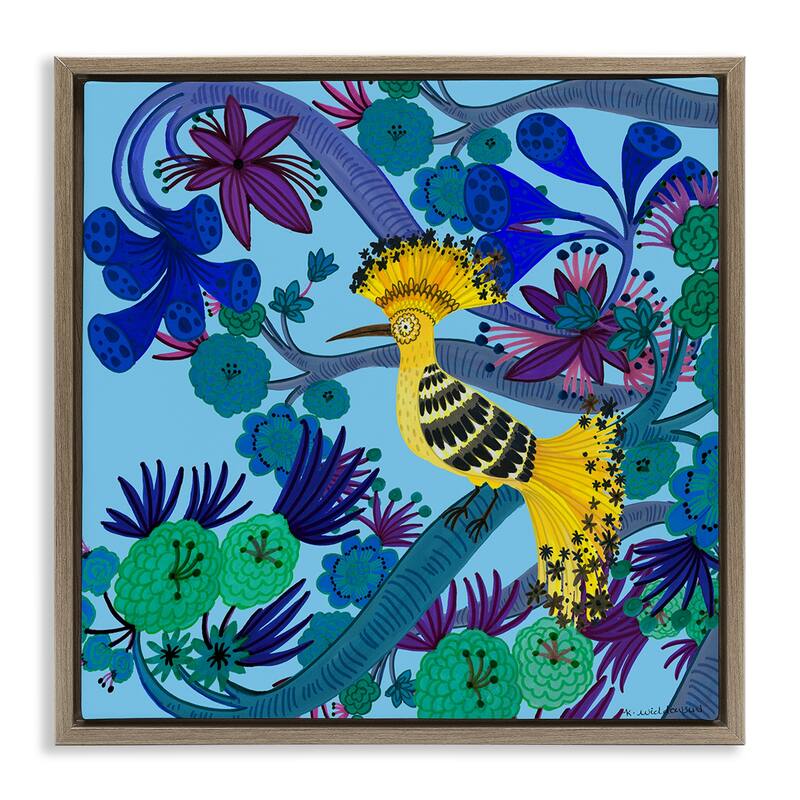 Stupell Whimsical Yellow Bird & Flowers Framed Floater Canvas Wall Art Design By Kay Widdowson - 25 x 25 - Brown