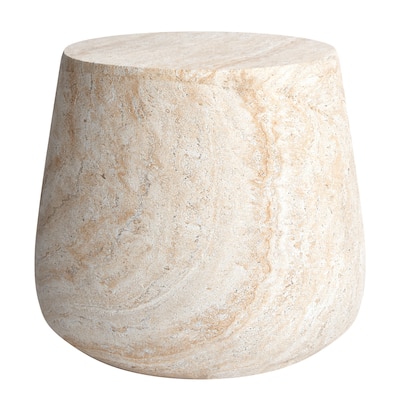 Barrel Travertine Stone Finish Italian Design MgO Side Accent Table - 18.8"x18.8"x16.1"