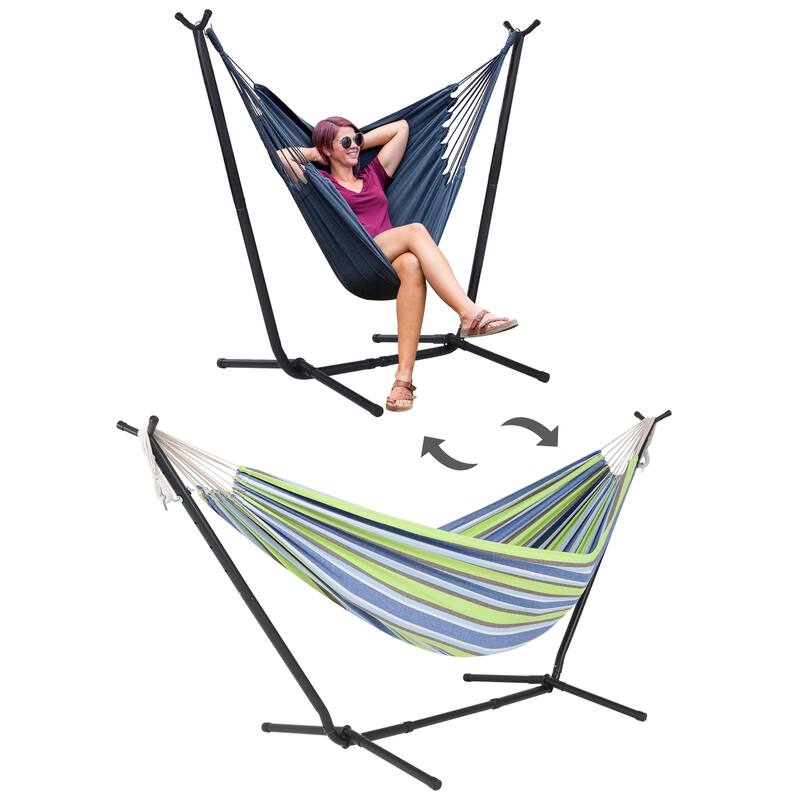 10.7 ft. 2-Person Brazilian-Style hammock with Stand - Convertible - Light Green Blue Striped
