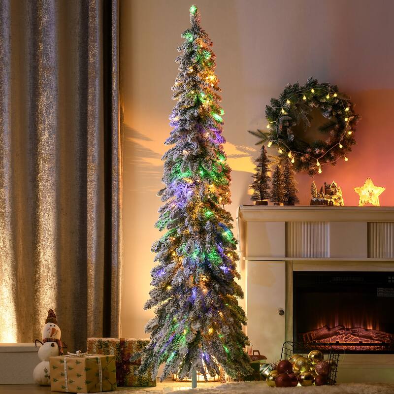 6ft Prelit Pencil Xmas Tree with 407 Snow Flocked Branches and LED Light Options