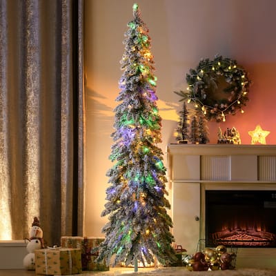 6ft Snow-Frosted Artificial Christmas Tree with Multi-Color LED Lights and Sturdy Steel Base - Dia. 26.75" x 70.75" H
