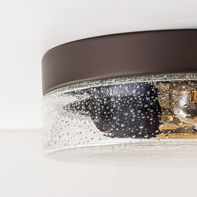 2-Light Gold/Bronze Modern Farmhouse Industrial Dimmable Dome Round Flush Mount Light with Seeded Glass Shade