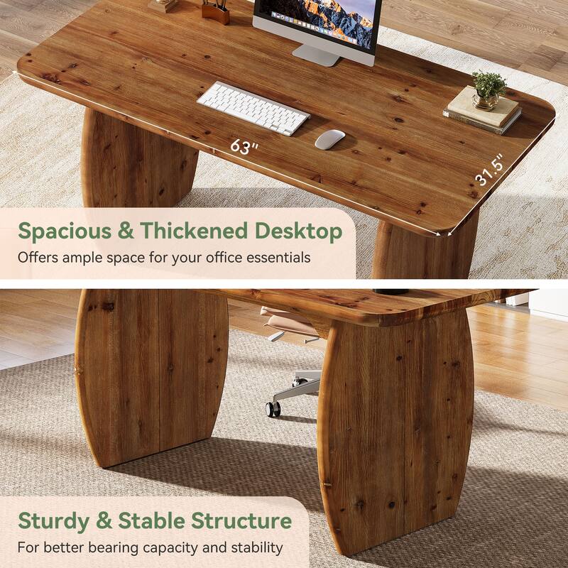 63'' Solid Wood Executive Desk, Large Office Computer Desk with Sturdy Wood Legs