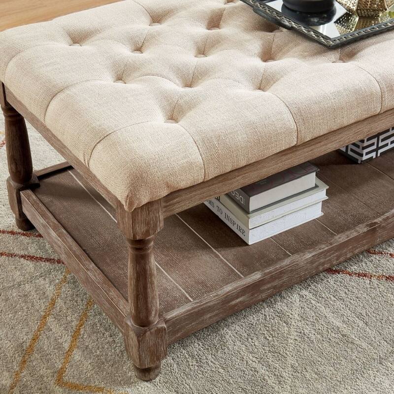 Linen and Wood Bench with Open Shelf