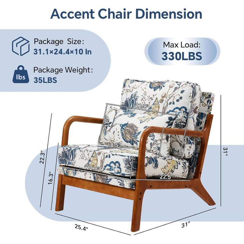 EROMMY Floral Accent Chair, Mid Century Modern Upholstered Armchair with Wood Frame and Cushion for Living Room