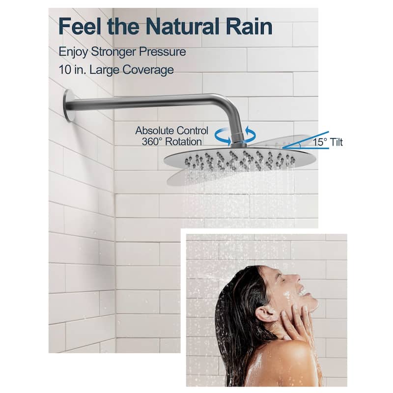 GRANDJOY Dual Heads Shower System 10" and 6" Wall Mount Rainfall Round Shower Faucet Handheld Shower Spray with Slide Bar