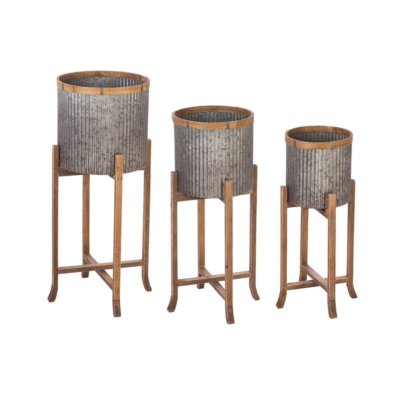 Corrugated Galvanized Metal Planters with Wooden Stand, (Set of 3)