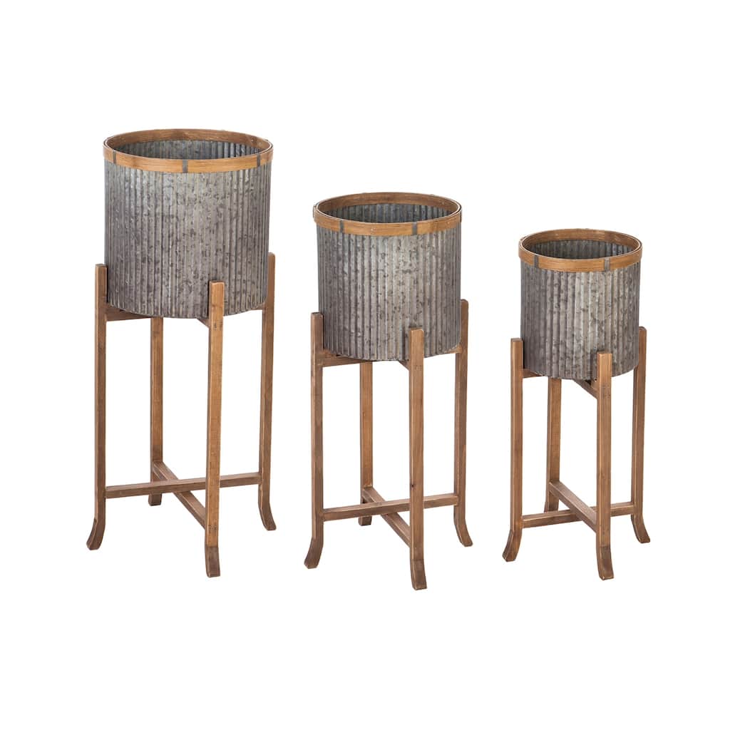 Corrugated Galvanized Metal Planters with Wooden Stand, (Set of 3)