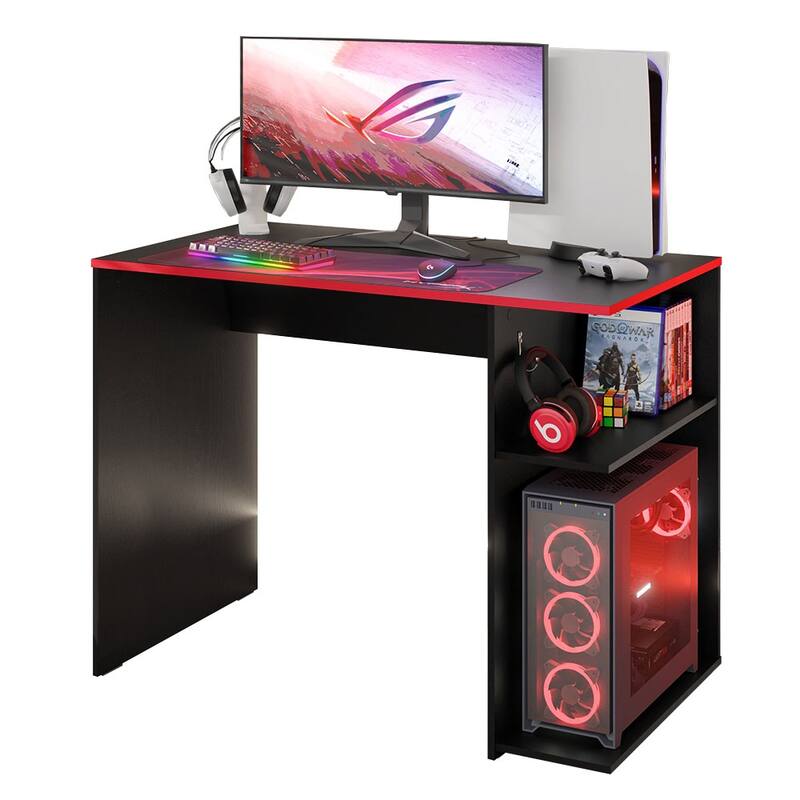 Madesa Gaming Computer Desk with 2 Shelves, Cable Management and Large Monitor Stand, Wood, 21" D x 39" W x 30" H - White