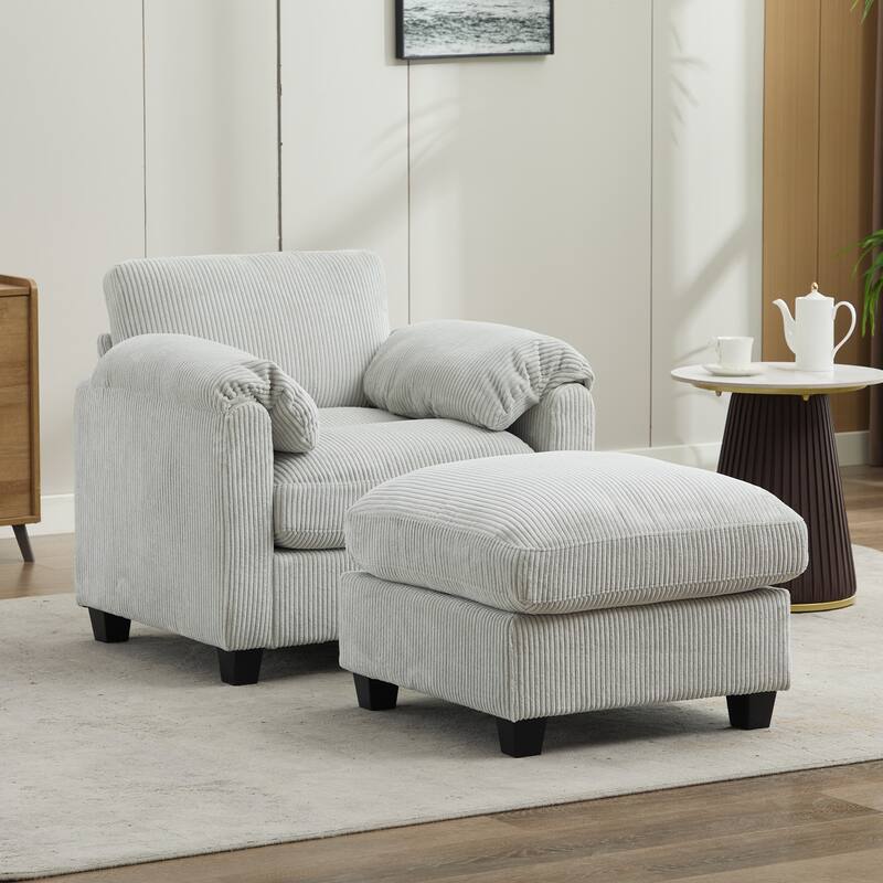 Multi-Seater Corduroy Sectional Sofa, Modular Settee, Included Removable Ottomans - 1 Seat & 1 Ottoman - Mist Grey