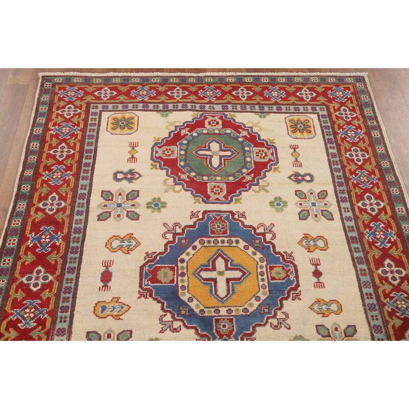 Beige Geometric Kazak Area Rug Hand-Knotted Wool Carpet - 4'2" x 5'9"