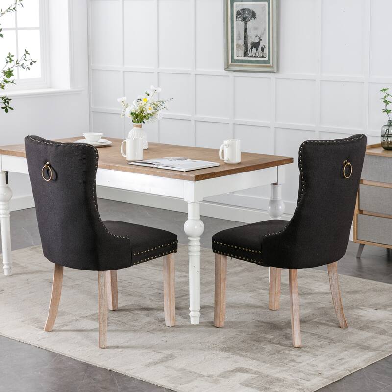 Linen Upholstered Dining Chairs Set of 2, Tufted Kitchen Side Chairs, Dining Room Chair with Solid Wood Legs & Nailhead Trim