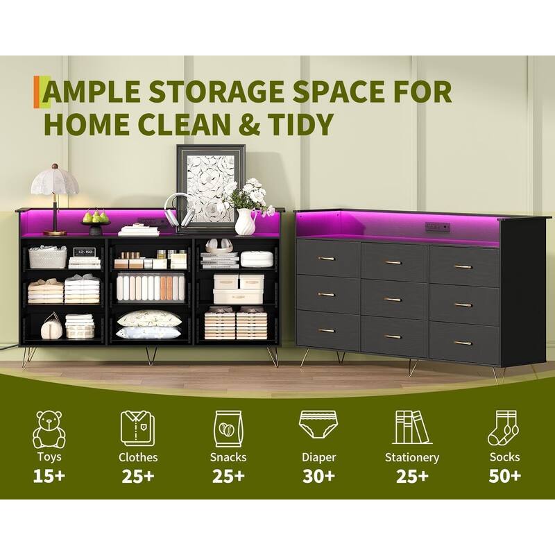 9-Drawer Dresser for Bedroom with Charging Station & RGB Lights