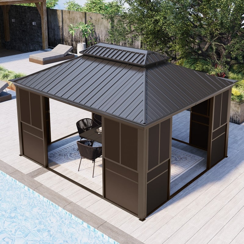 Hardtop Sunroom with Double Steel Roof, Sliding/Lockable Doors & Screens - All-Season Rustproof Aluminum Frame,Advanced Drainage