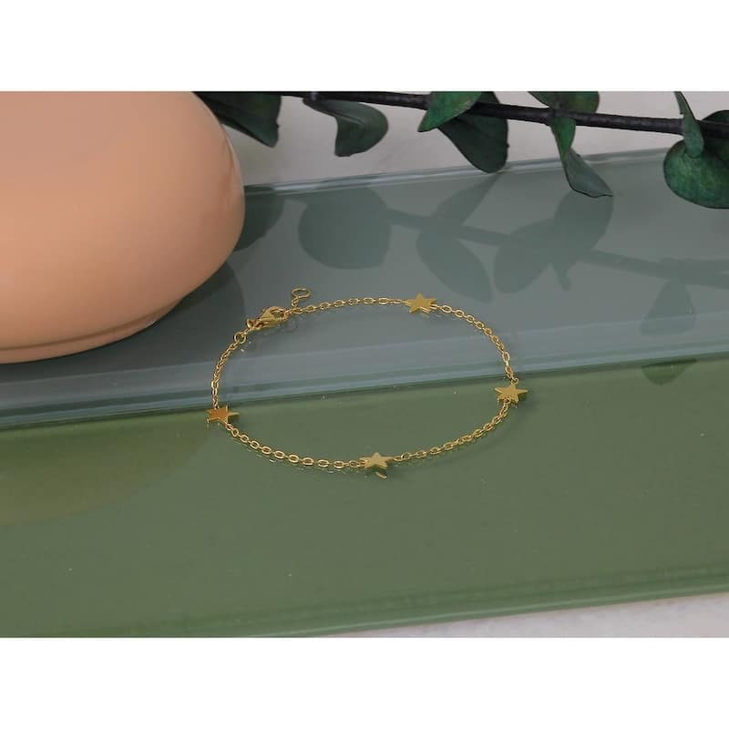 Curata 14k Yellow Gold 7.5" Polished Star Station Dainty Bracelet - 0.25" Extender