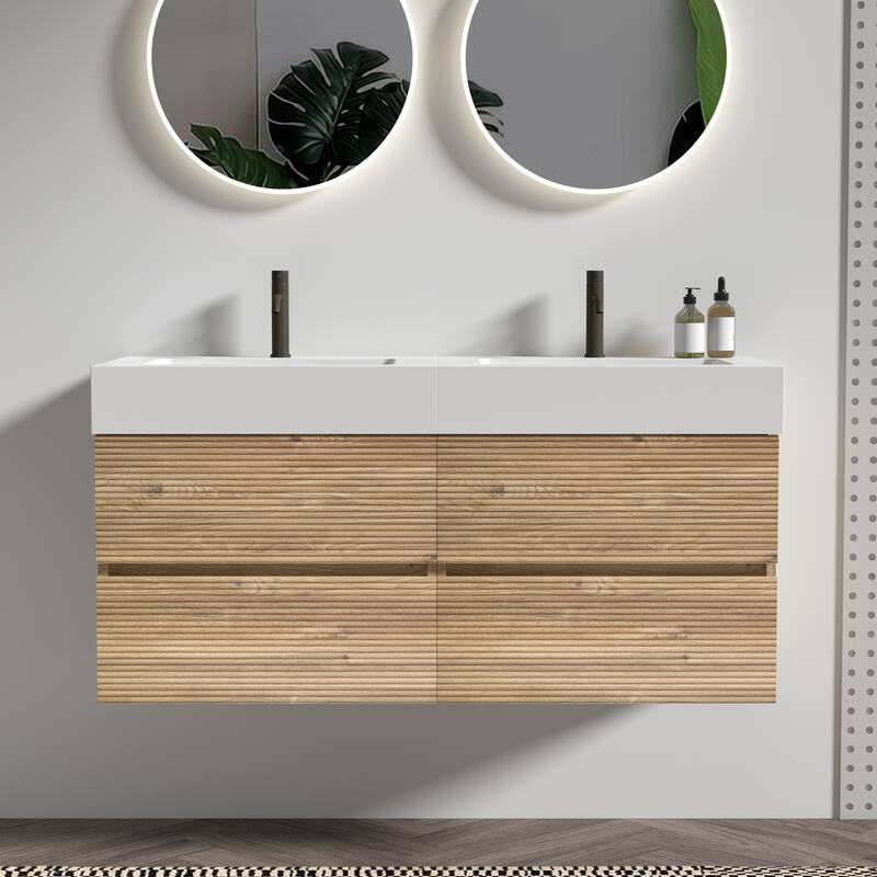 GDFStudio - Grace Wall-Mounted Bathroom Vanity with Engineered Quartz Sink & Soft Close Drawers, without Drainage and Faucet - 48" - Oak+White