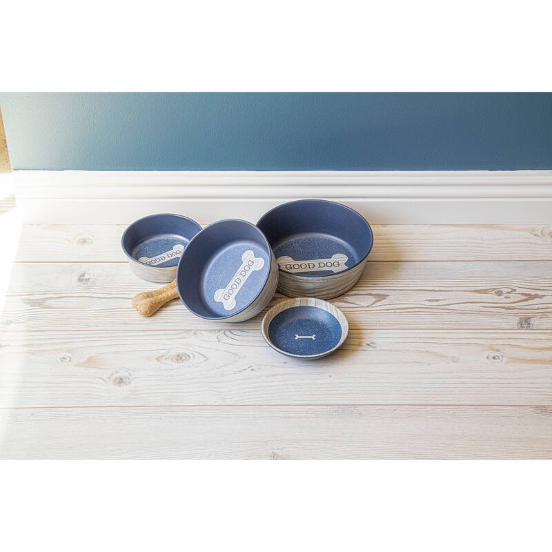 Abode Homewares French Oak Wood Bone Merge Pet Bowl - Blue - Set of 2