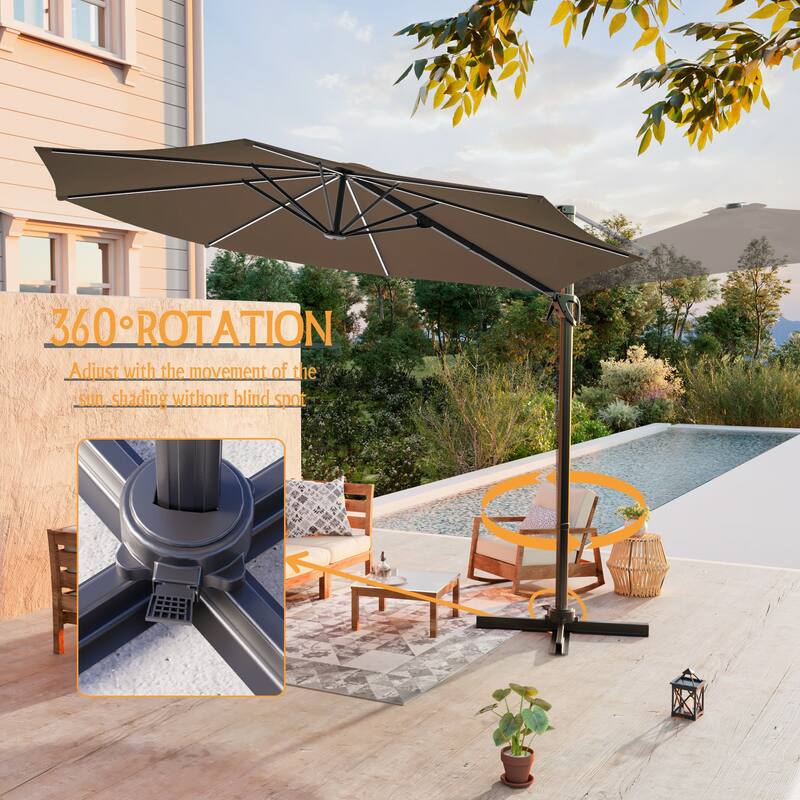 LIVOOSUN 10FT LED Round Cantilever Umbrella For Your Outdoor Space, Solution-Dyed Fabric, 360° Rotation System