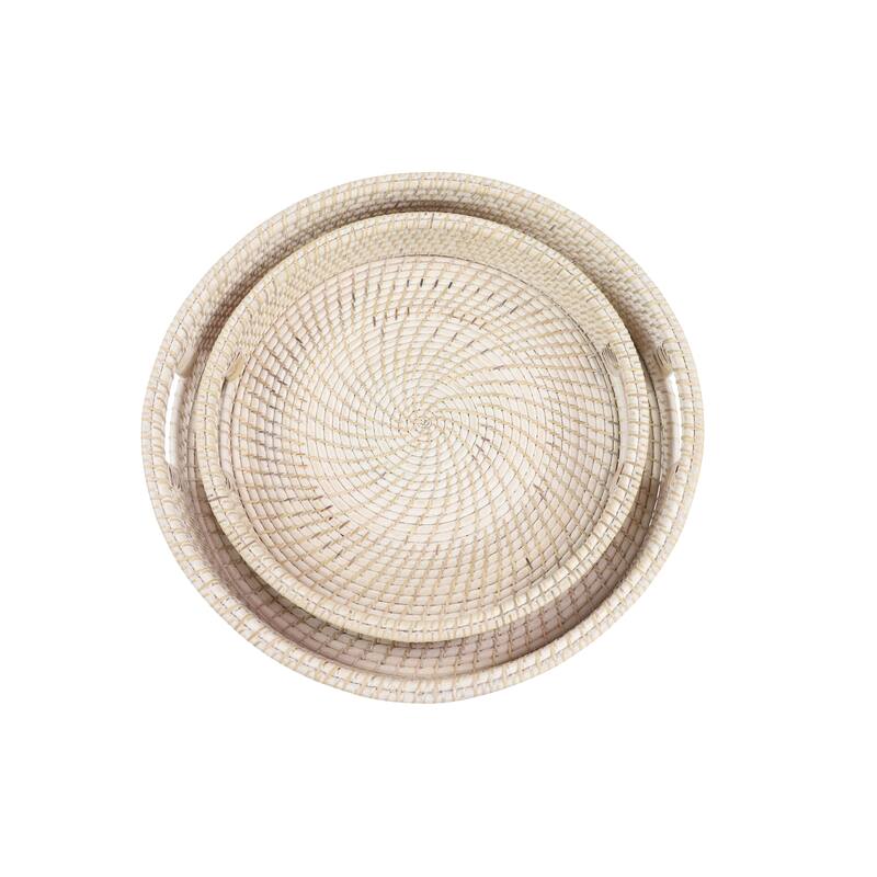 Cream Rattan Living Room Decor Tray with Slot Handles (Set of 2) - 20 x 20 x 3Round