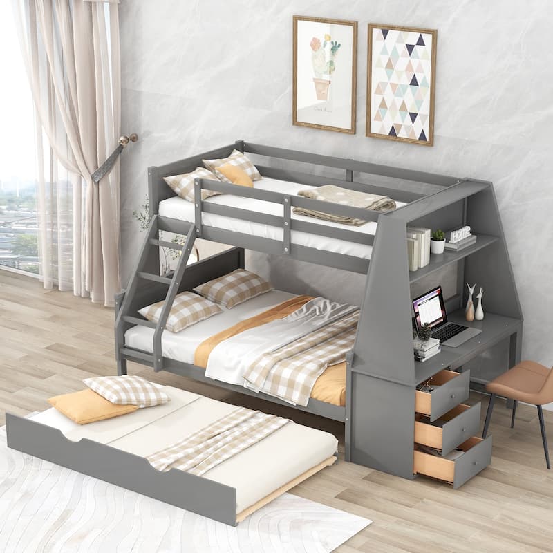 Twin over Full Bunk Bed with Trundle, Built-in Desk, Drawers, and Shelf, Gray