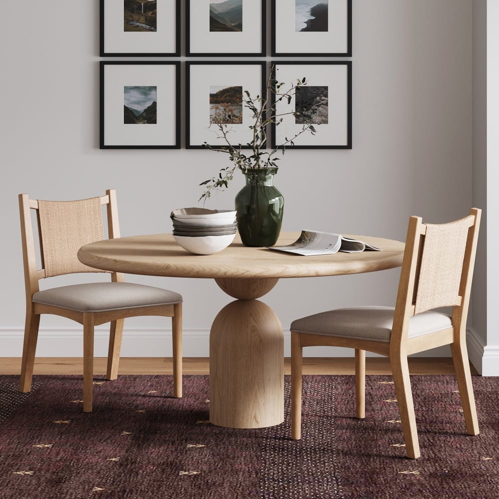 Elodia Upholstered Dining Chair with Seagrass Back Solid Wood Modern Dining Room Chair with Natural Flax Upholstery