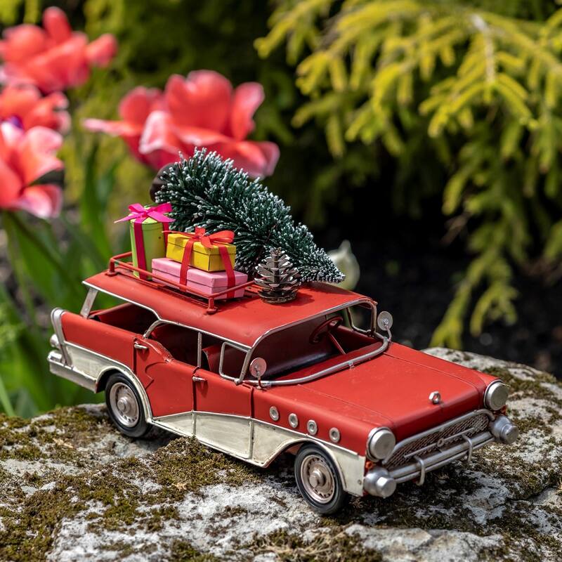 Vintage Style Vehicles with Christmas Trees and Gifts - Iron - Red