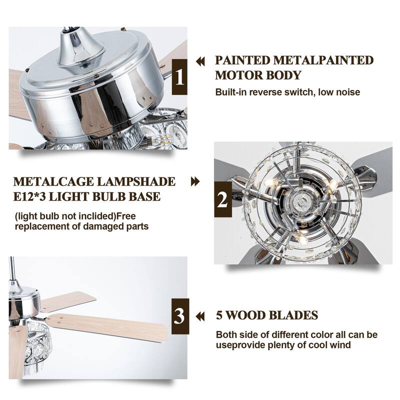 52" Modern Indoor Reversible Crystal Drum Ceiling Fan with Remote Control and Light Kit Chrome
